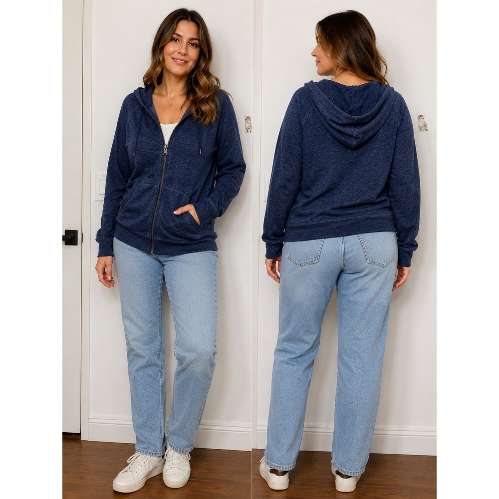 Free Press Navy Blue Heathered Zip Up Hoodie Sweatshirt XL Fleece Lined Raglan